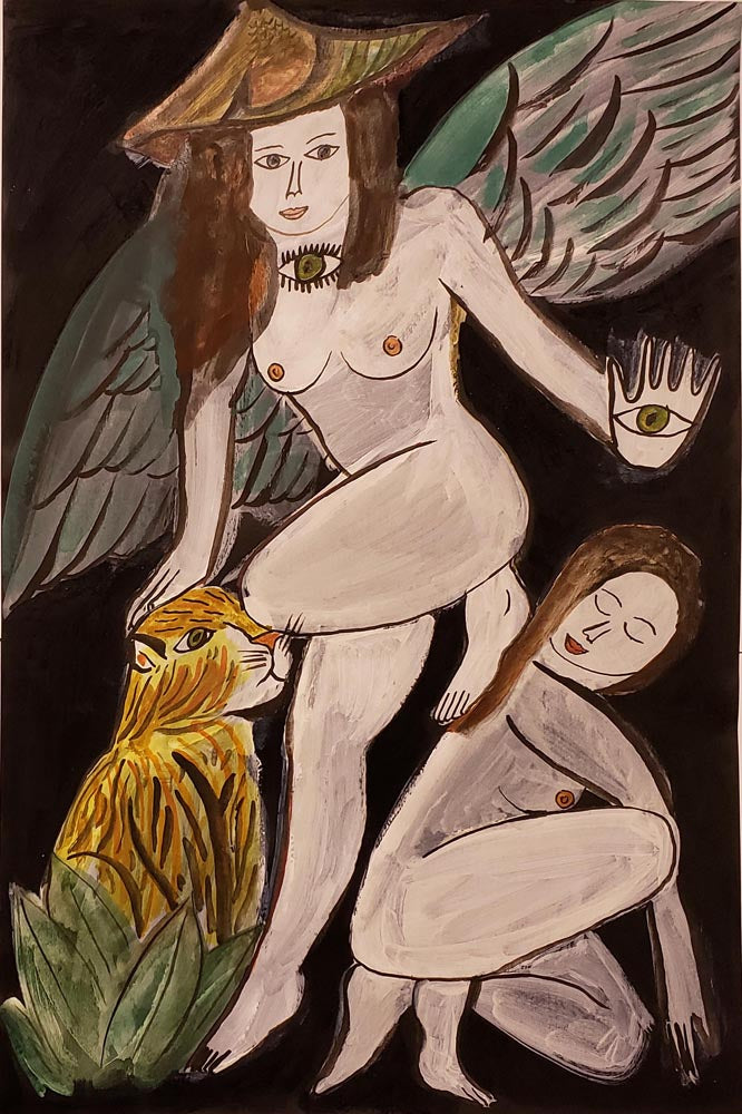 Arrington de Dionyso Painting | Witches and Tiger (acrylic ink)