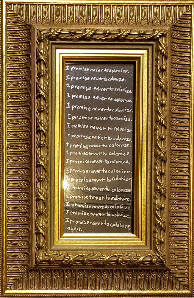 Bently Spang Artwork | Decolonization Exercise #1 (found mirror, found wood frame, etched text)