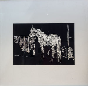 Terry Karson Artwork | Untitled (Horse)(heat strengthened sand blasted spandrel glass framed 26" x 26")