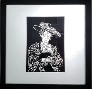 Terry Karson Artwork | Untitled (Woman)(heat strengthened sand blasted spandrel glass framed 26" x 26")