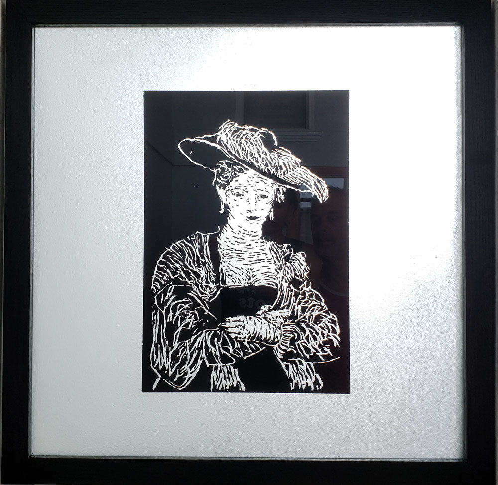 Terry Karson Artwork | Untitled (Woman)(heat strengthened sand blasted spandrel glass framed 26