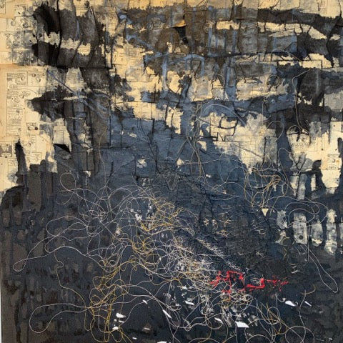 Shane de Leon Painting | The Air We Breathe (thread, semi ink, glue, vintage paper on canvas)